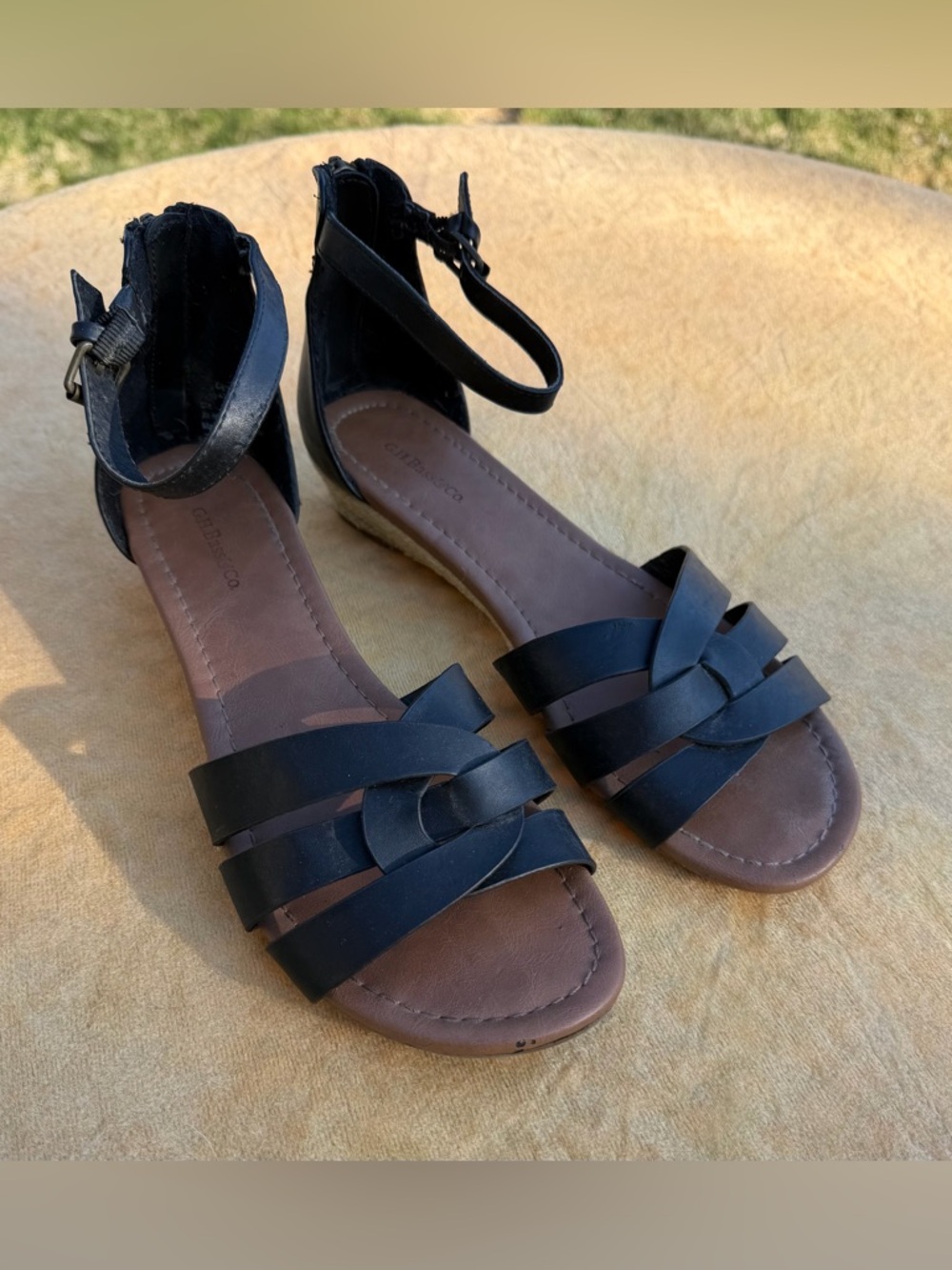 Women’s Black zip back, Ankle-Strap low wedge Sandals,
